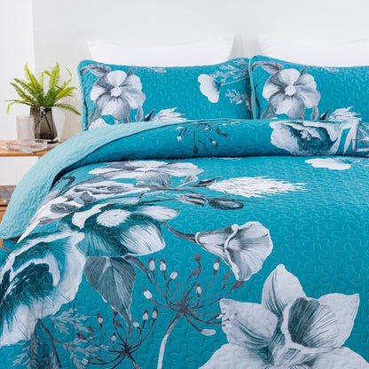 Blue Floral Bedspread Set 230x250cm