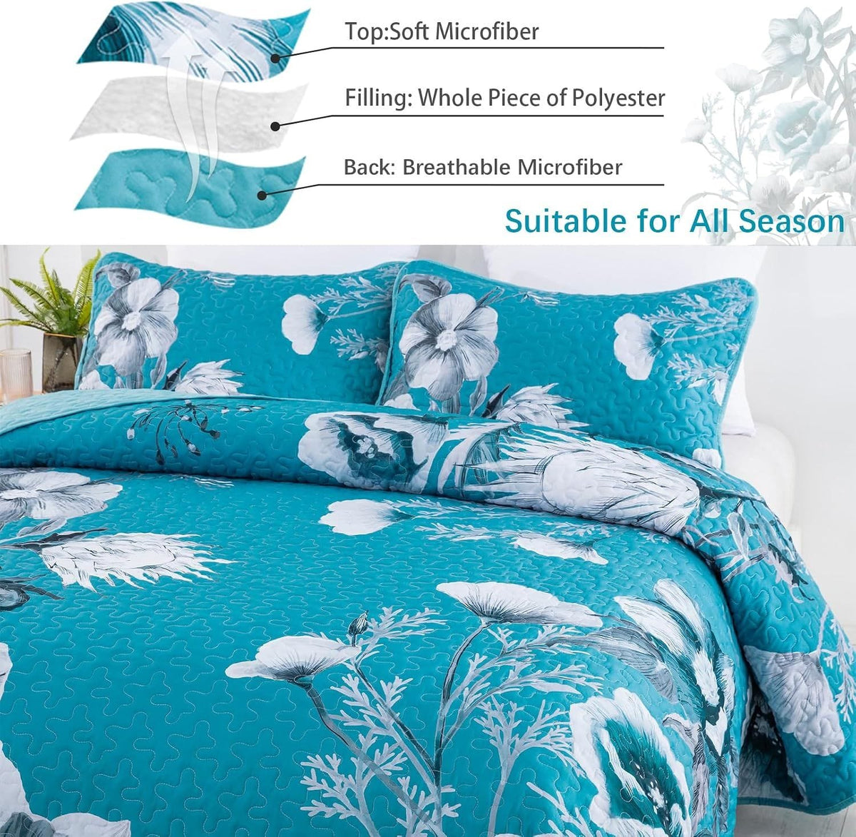 Blue Floral Bedspread Set 230x250cm
