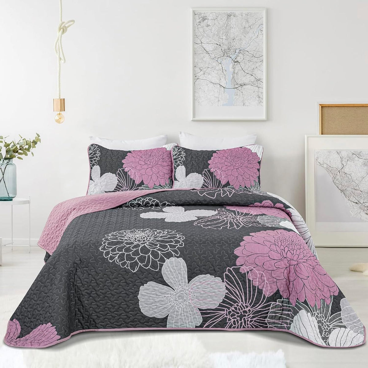 Grey Floral Bedspread Set 230x250cm