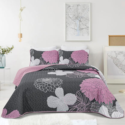 Grey Floral Bedspread Set 230x250cm