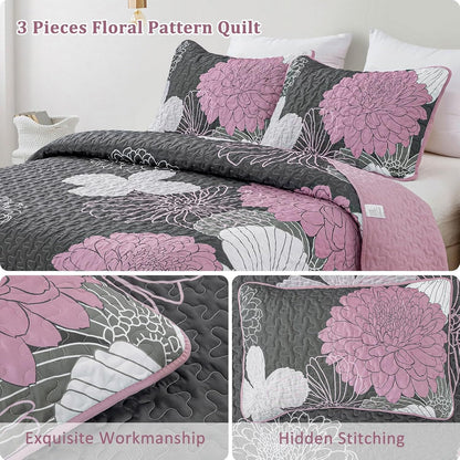 Grey Floral Bedspread Set 230x250cm