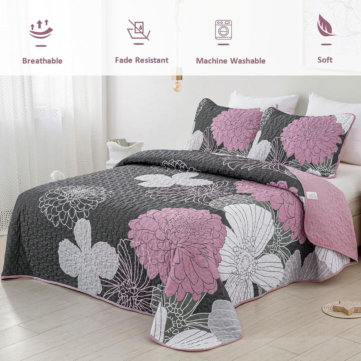 Grey Floral Bedspread Set 230x250cm
