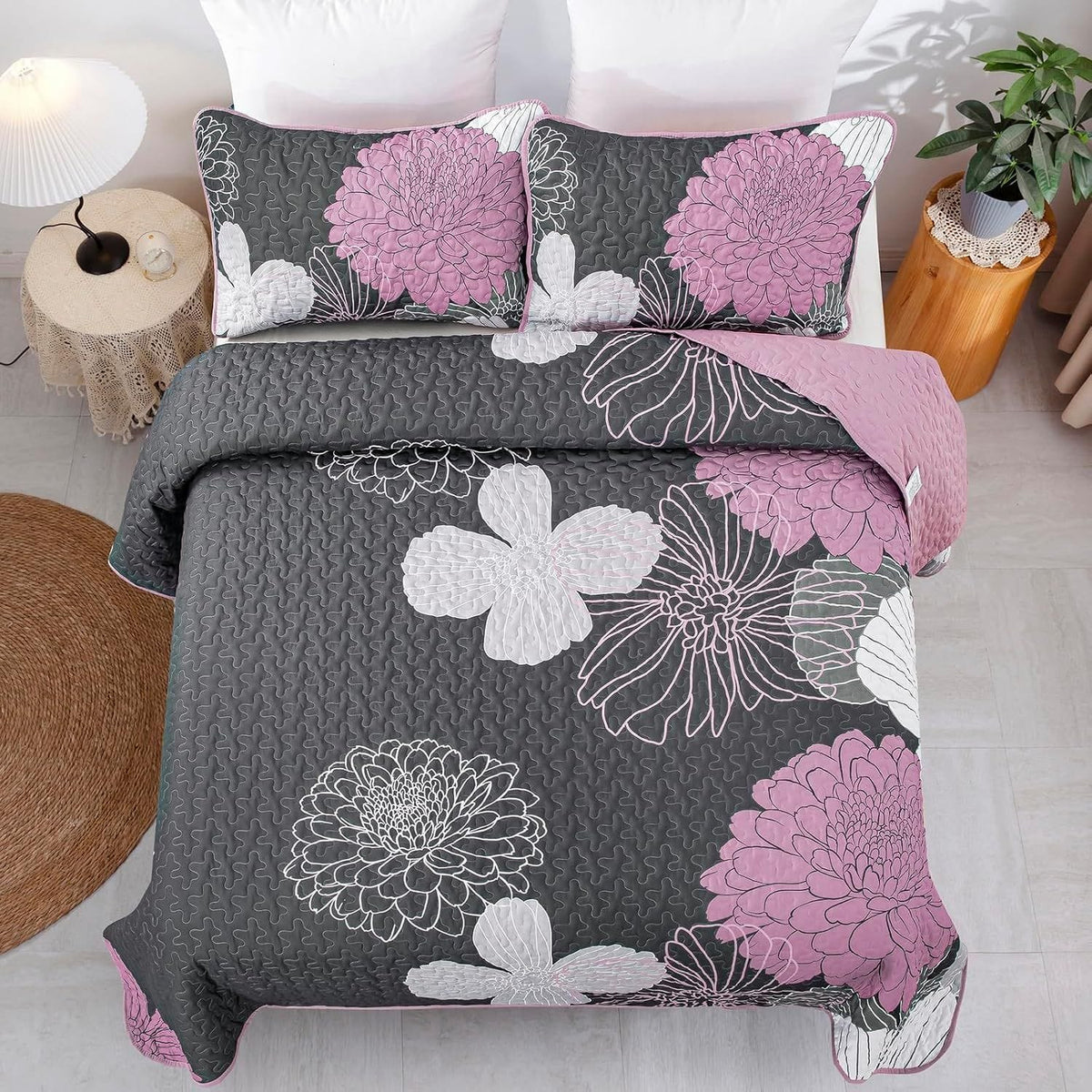 Grey Floral Bedspread Set 230x250cm