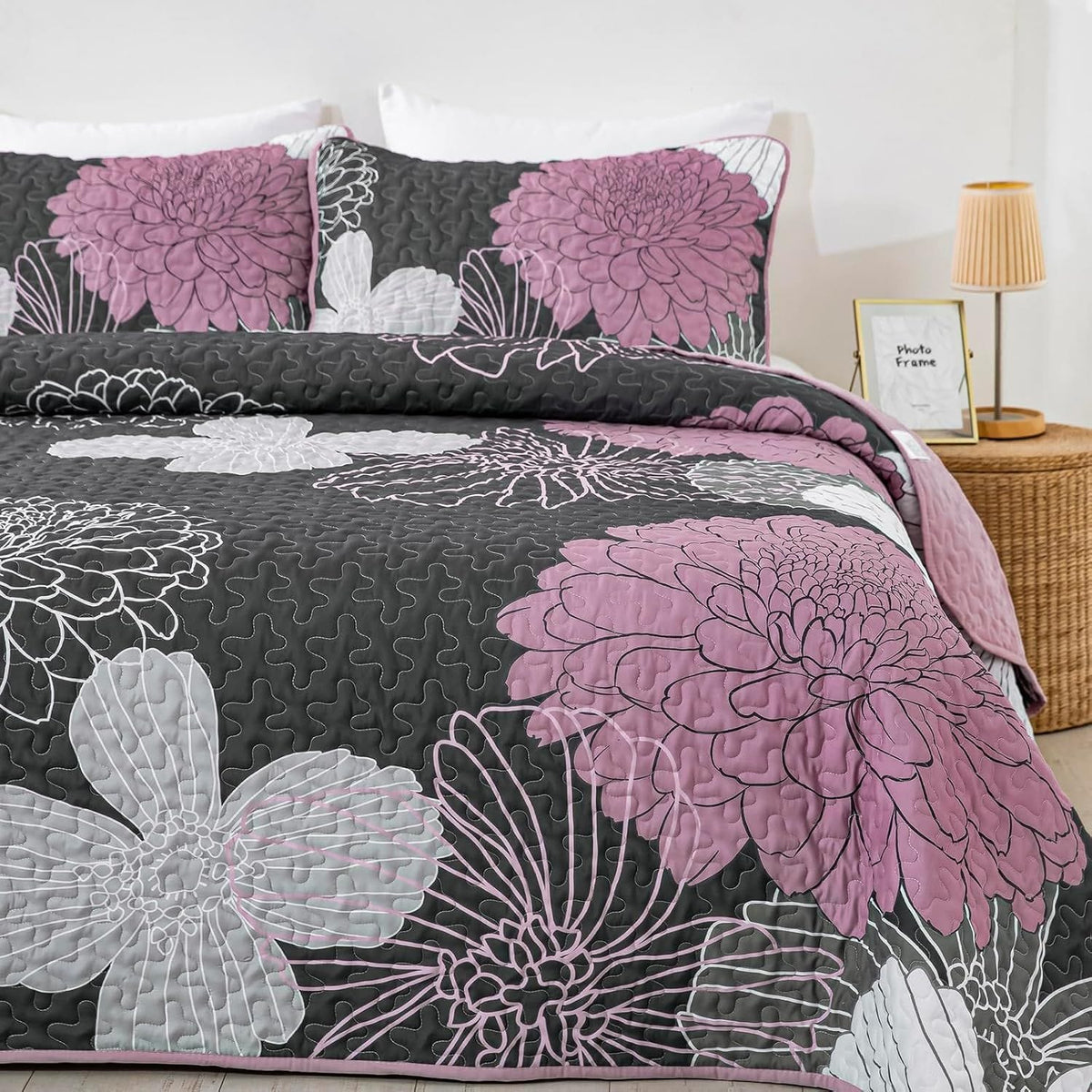 Grey Floral Bedspread Set 230x250cm