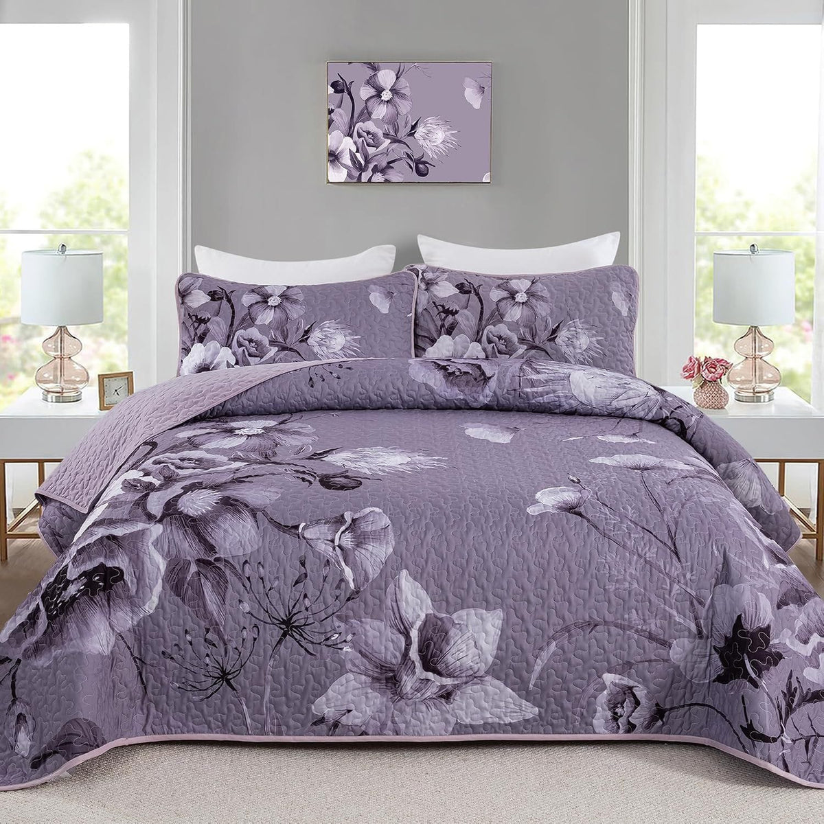 Purple Floral Bedspread Set 230x250cm