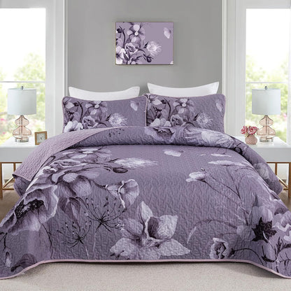 Purple Floral Bedspread Set 230x250cm