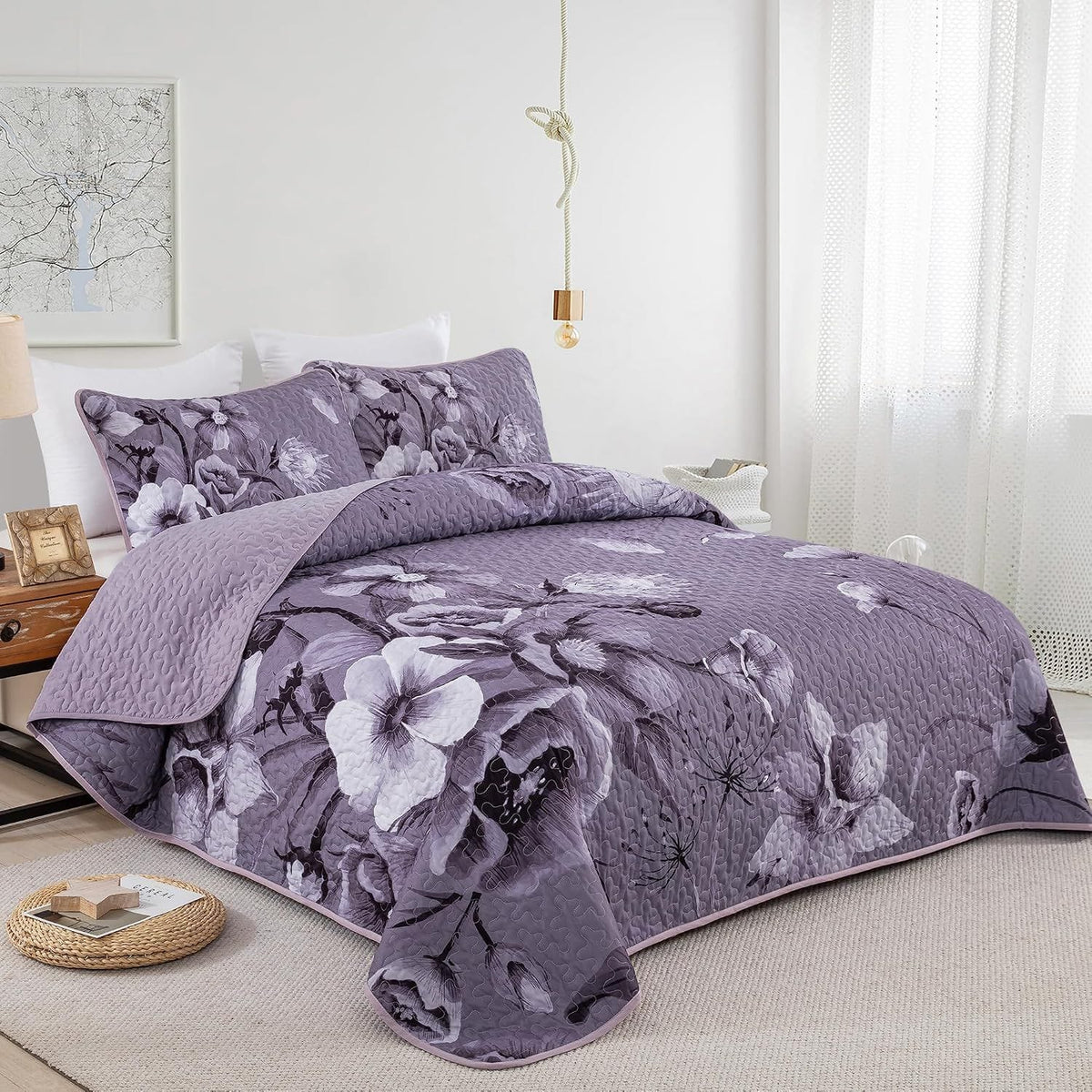 Purple Floral Bedspread Set 230x250cm