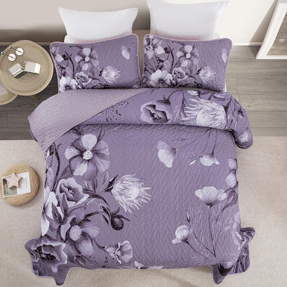 Purple Floral Bedspread Set 230x250cm