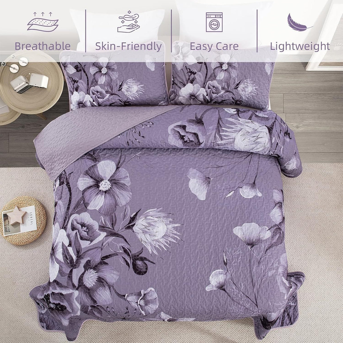 Purple Floral Bedspread Set 230x250cm