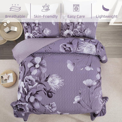 Purple Floral Bedspread Set 230x250cm