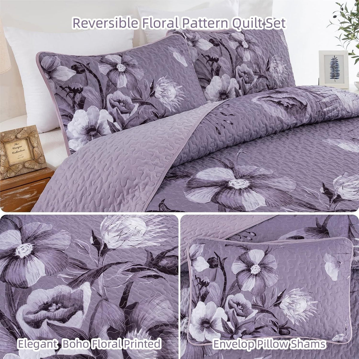 Purple Floral Bedspread Set 230x250cm