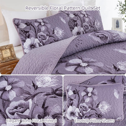 Purple Floral Bedspread Set 230x250cm