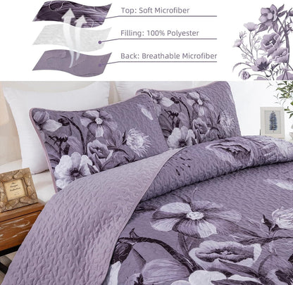 Purple Floral Bedspread Set 230x250cm