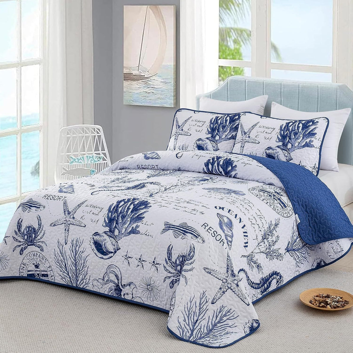 Navy Bedspread Set Soft 230x250cm