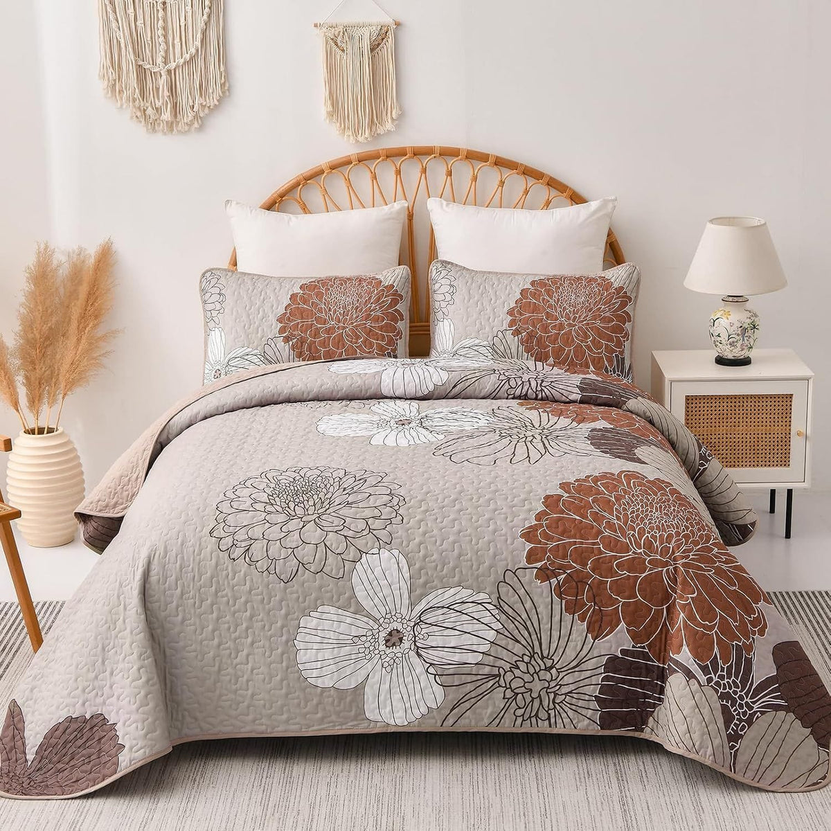 Brown Floral Bedspread Set 230x250cm