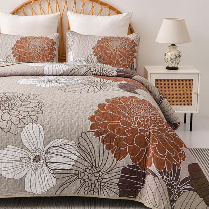 Brown Floral Bedspread Set 230x250cm
