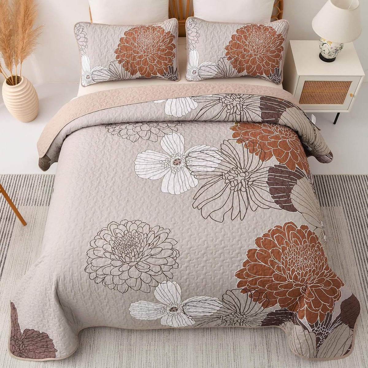 Brown Floral Bedspread Set 230x250cm