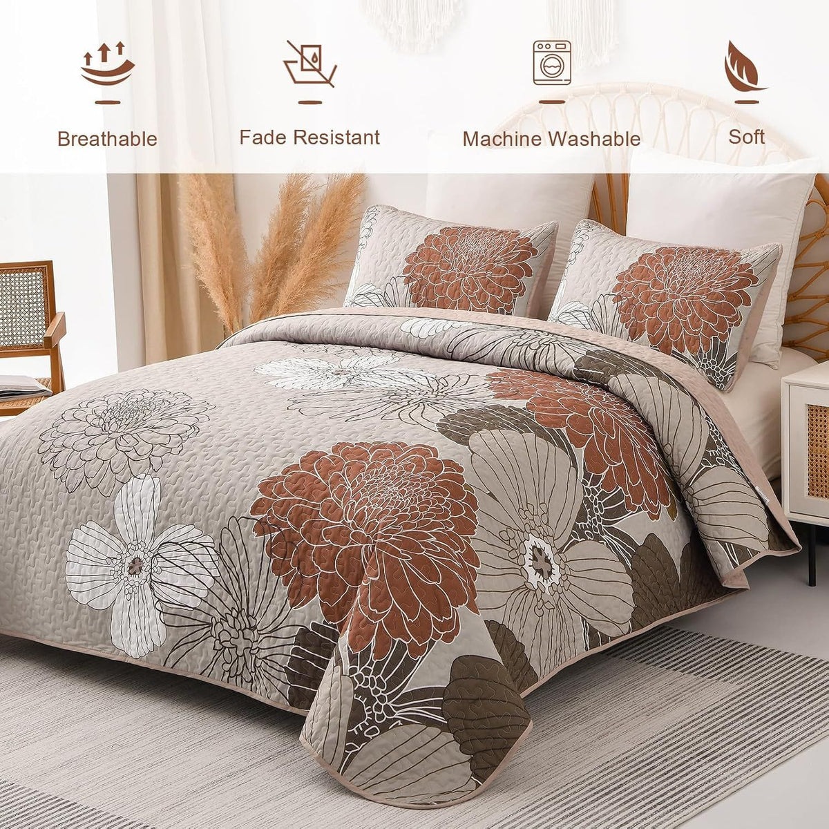Brown Floral Bedspread Set 230x250cm