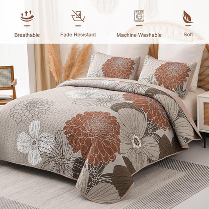 Brown Floral Bedspread Set 230x250cm