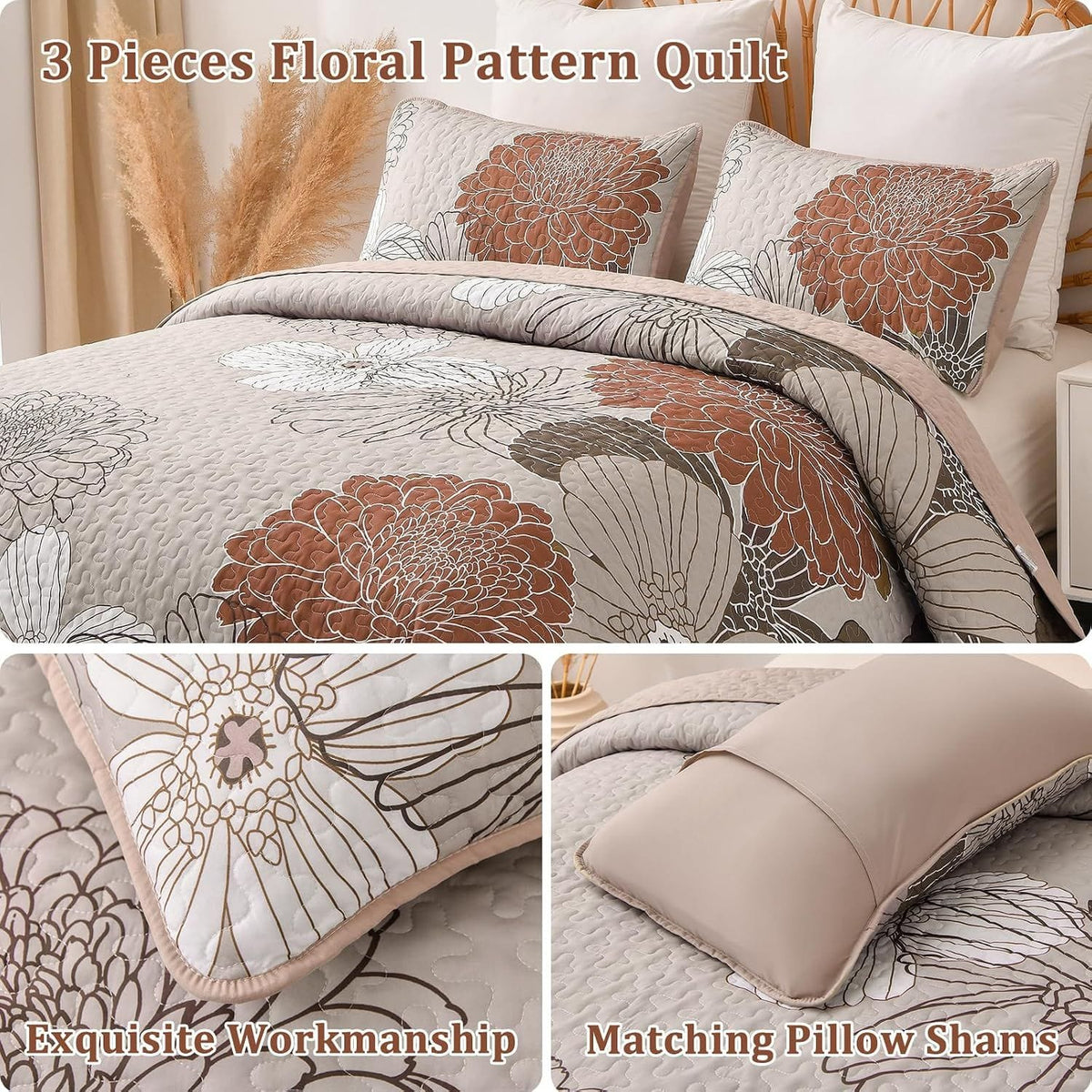 Brown Floral Bedspread Set 230x250cm