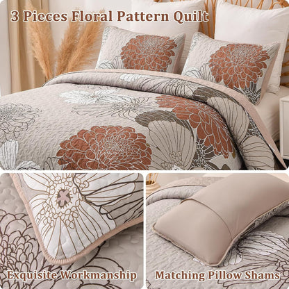 Brown Floral Bedspread Set 230x250cm