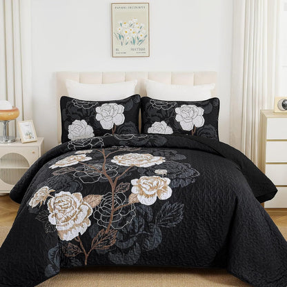 Queen Bedspread Black Floral 230x250cm