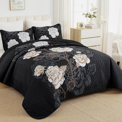 Queen Bedspread Black Floral 230x250cm