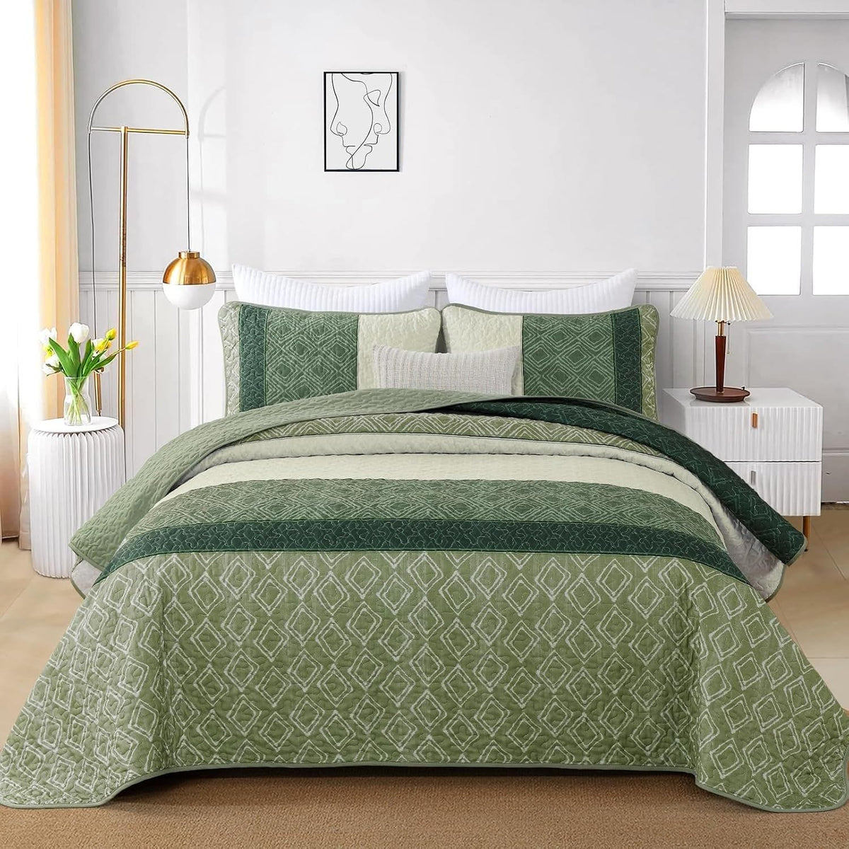 Green Stripe Bedspread Set 230x250cm
