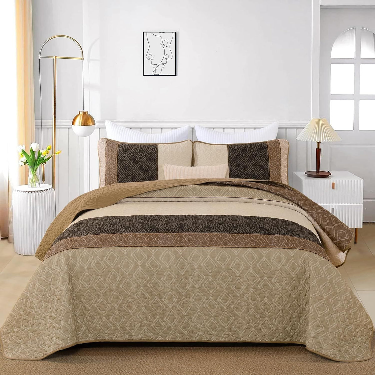 Brown Plaid Bedspread Set 230x250cm