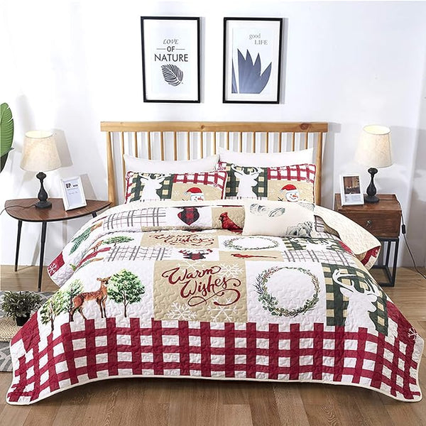  Festive Christmas Red & Green Queen Bedspread Set