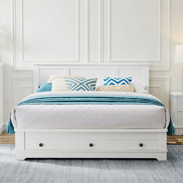  White Coastal Lifestyle Bedframe With Storage Drawers Queen