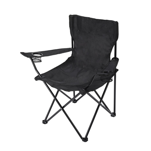  Black Folding Camping Chair With Armrests & Cup Holder - 2 Pack