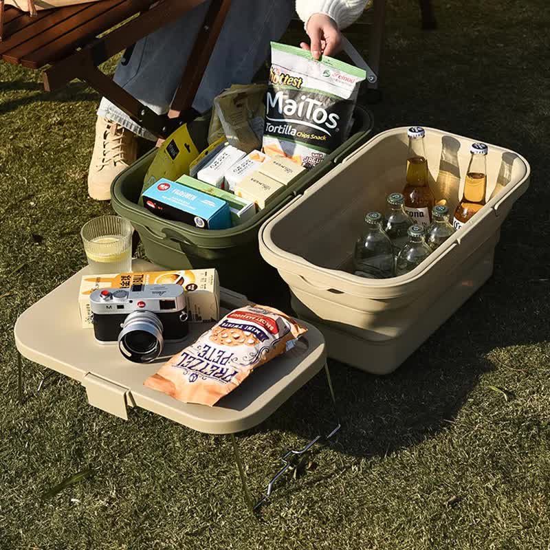 Grey Foldable Outdoor Picnic Basket with Lid and Tabletop, Camping Storage Box