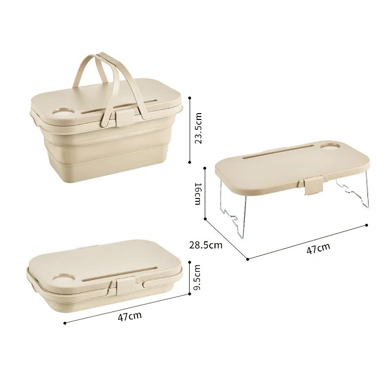 Grey Foldable Outdoor Picnic Basket with Lid and Tabletop, Camping Storage Box