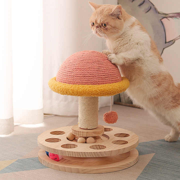 Large Pink Interactive Cat Scratching Post with Ball Track Fun Mushroom