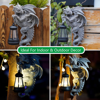 Solar-Powered Dragon Statue with LED Lantern - Gothic Outdoor Decor