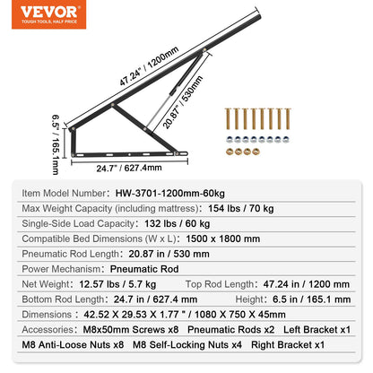 Bed Lift 59X71 In Compatible Bed Size 154 Lbs Load Diy Wall Bed