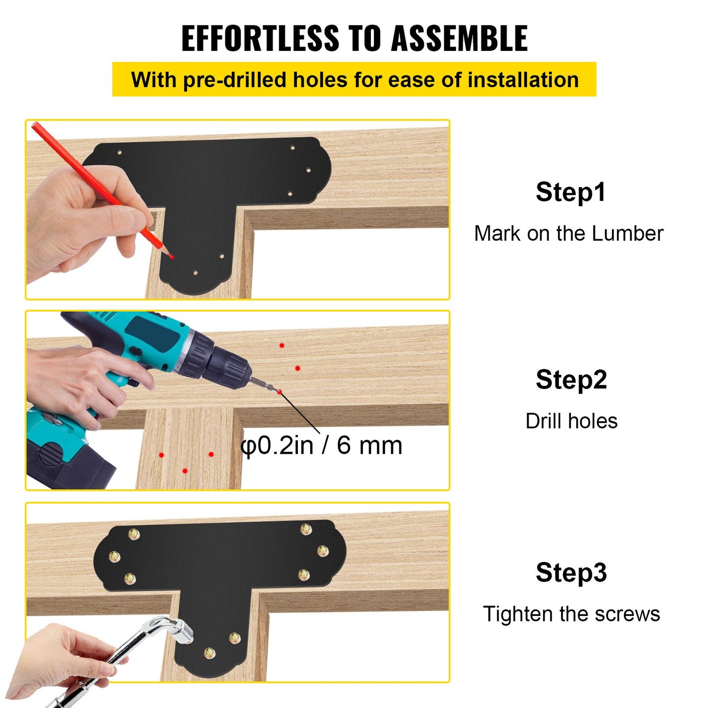 Black T Mending Plate T-Shape 8 Pcs 6 Flat Connector Post To Beam