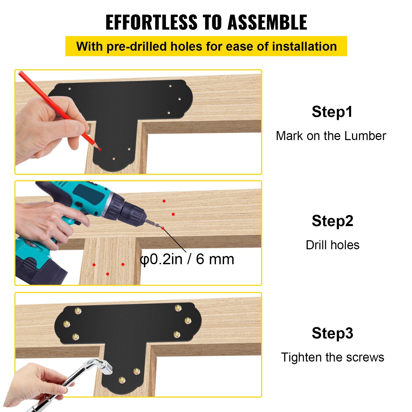 Black T Mending Plate T-Shape 8 Pcs 6 Flat Connector Post To Beam