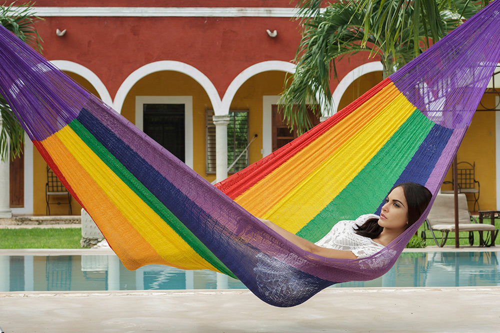 Queen Size Cotton Mexican Hammock in Rainbow Colour