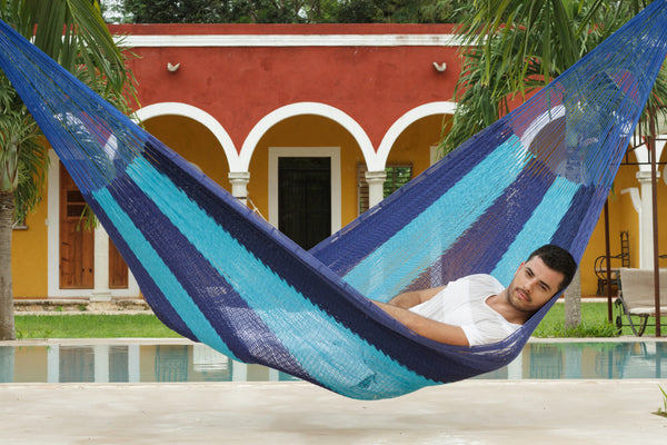  King Size Outdoor Cotton Mexican Hammock in Caribbean Blue Colour