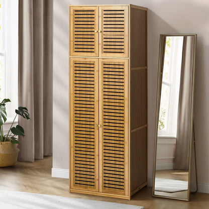 Bamboo Wardrobe 4 Door Storage Cabinet With Hanging Rod Natural Wood