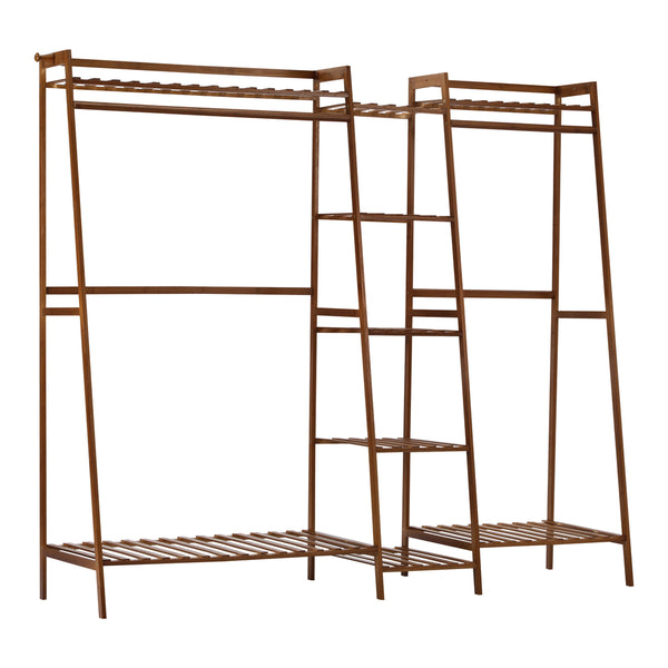  Clothes Rack Open Wardrobe Hanging Rail Bamboo 9 Shelves