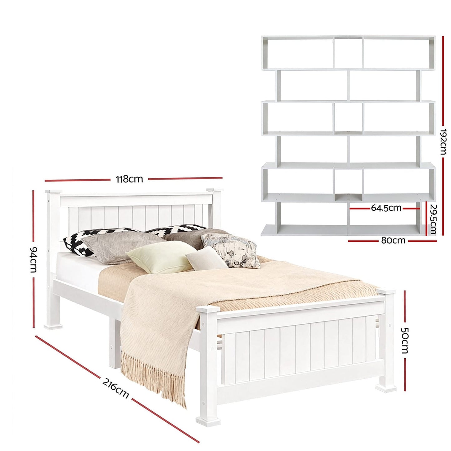King Single Bed Frame Bookshelf 216x118x94cm