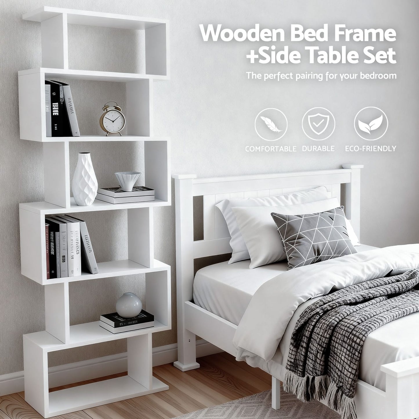 King Single Bed Frame Bookshelf 216x118x94cm