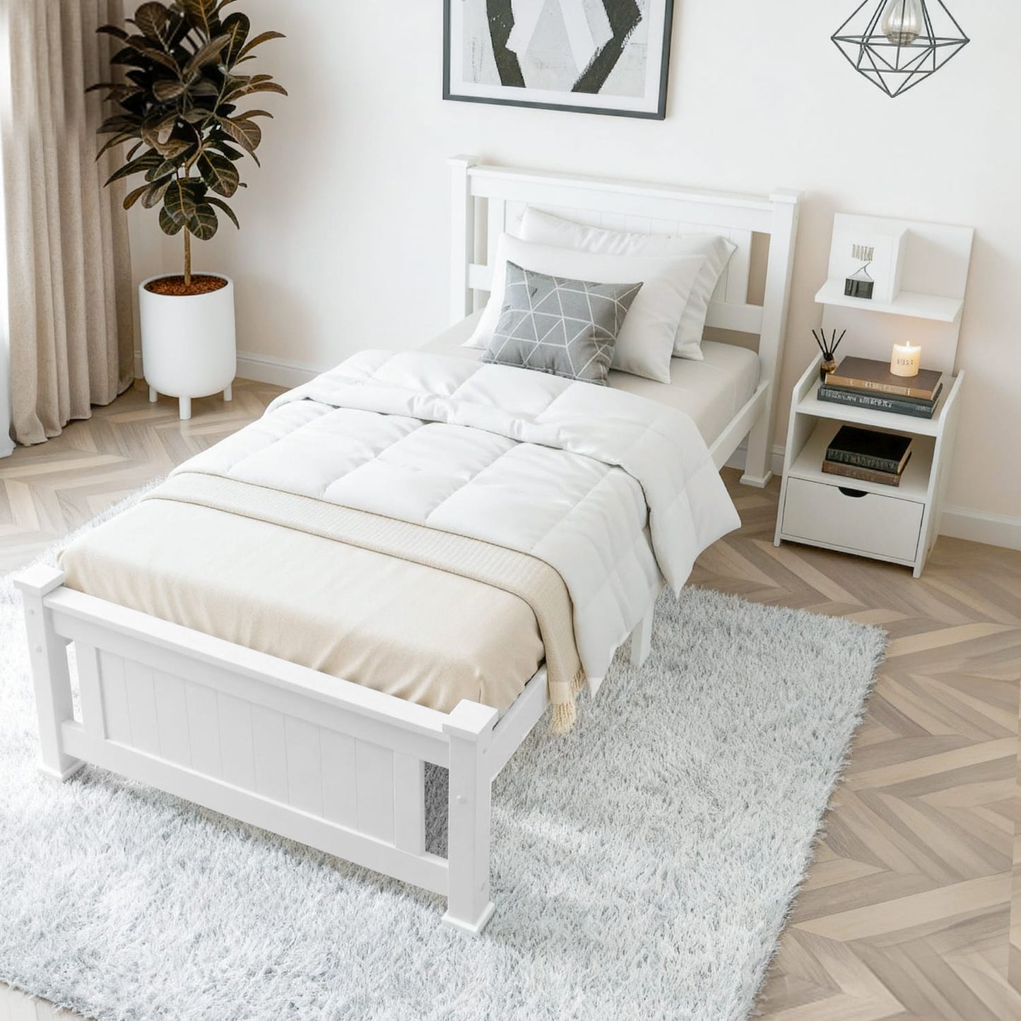 King Single Bed Frame White Marble 216x118x94cm