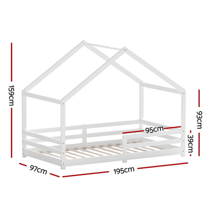 Wooden Kids Single House Bed Frame - White Amos