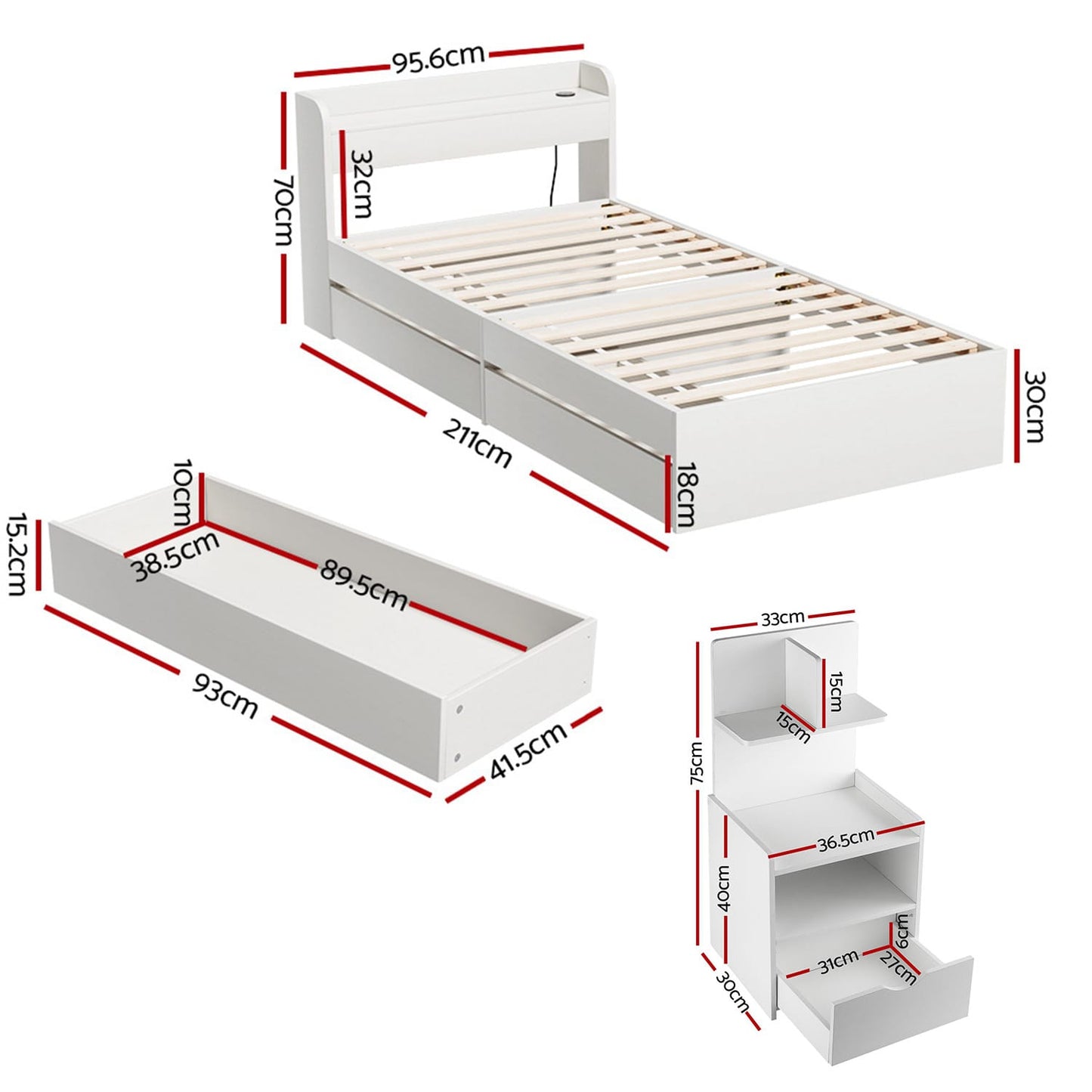 Single Bed Frame With Charging Ports 211x96x70cm