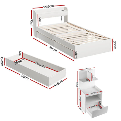 Single Bed Frame With Charging Ports 211x96x70cm