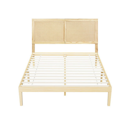 Bed Frame Double Size With Rattan Headboard Wooden Bed Base Bruno